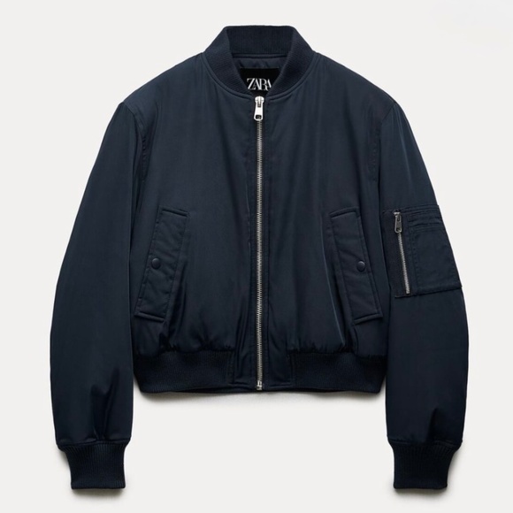 Zara Crop Zip Bomber Jacket Coat Multiple Pockets Navy Blue Womens Small NWT - Picture 1 of 5